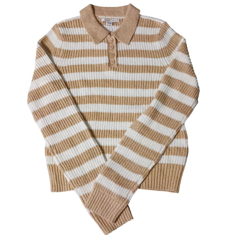 NEW American Eagle‎ Henley Collared Tan/White Striped Sweater Size XS Preppy